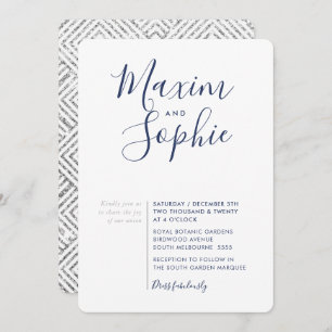 MINIMAL SCRIPT simple modern wedding navy silver Invitation