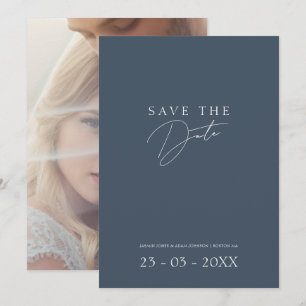 Minimal Script Slate Blue Photo Wedding Save The Date