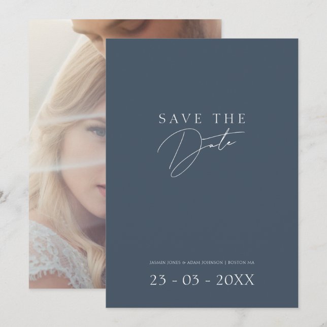 Minimal Script Slate Blue Photo Wedding Save The Date (Front/Back)