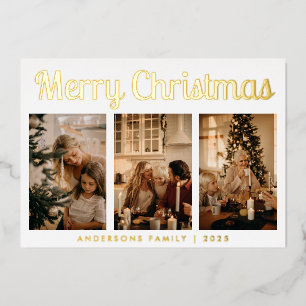 Minimal Script Three Photo Merry Christmas Foil Holiday Card