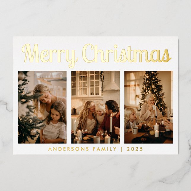 Minimal Script Three Photo Merry Christmas Foil Holiday Card (Front)