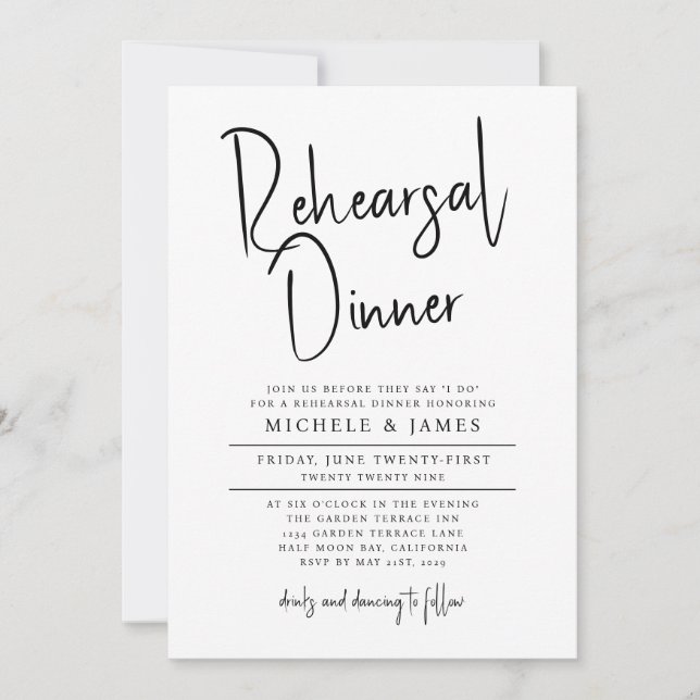 Minimal Script Typography Wedding Rehearsal Dinner Invitation (Front)