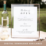 Minimal Script Wedding Bar Menu Sign<br><div class="desc">Invite your guests to grab a favourite libation from the bar with our charming wedding bar menu sign. 11x14 poster features "the bar is open" in crisp black calligraphy script and block lettering. Personalize with your drink selections beneath.</div>