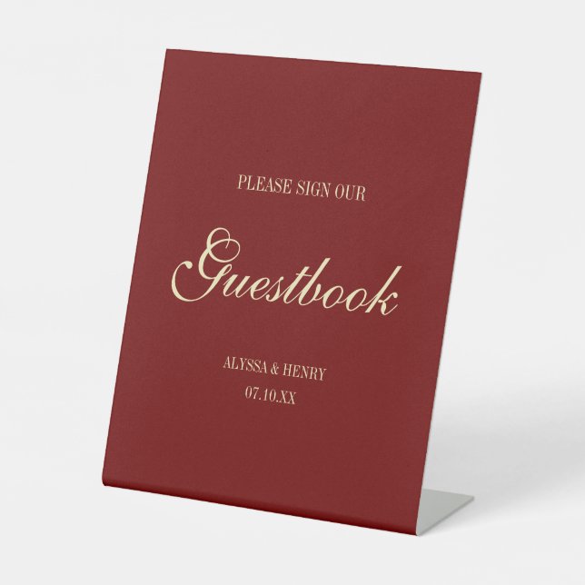 Minimal Script Wine Red "Sign Our Guestbook" Pedestal Sign (Front)