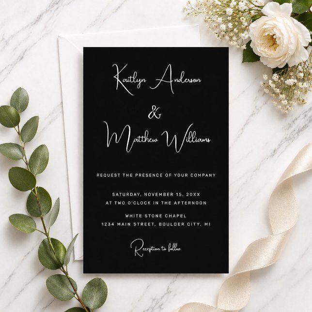 Minimal Silver Black Modern Elegant Script Wedding (Black with Silver Foil Script Wedding Inviation)