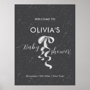 Minimal Silver Bow Winter Snow Baby Shower Welcome Poster
