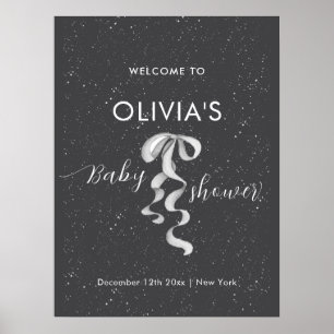 Minimal Silver Bow Winter Snow Baby Shower Welcome Poster