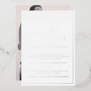 Minimal silver foil on white vertical text wedding