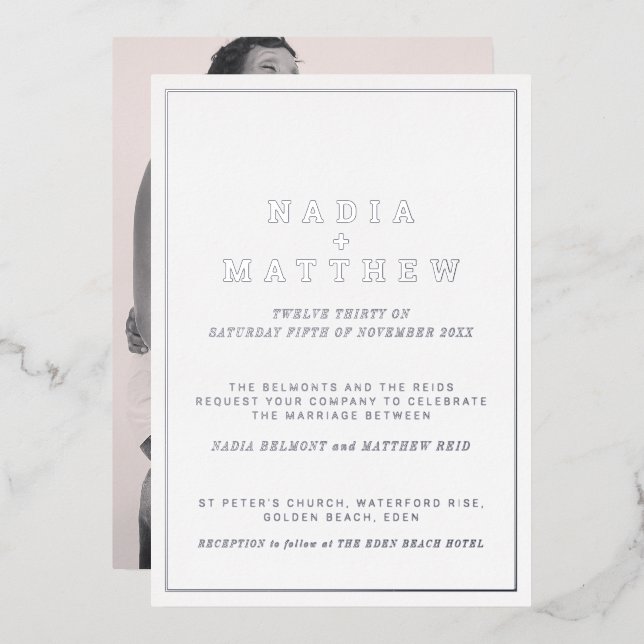 Minimal silver foil on white vertical text wedding (Front/Back)