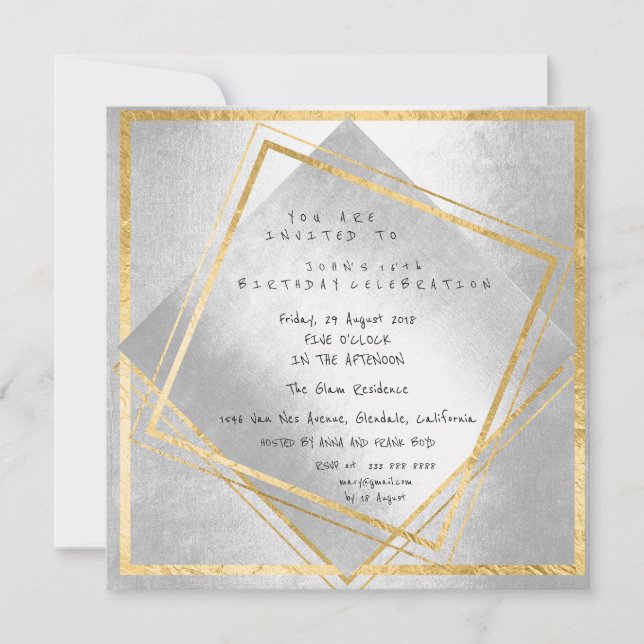 Minimal Silver Geometry Gold Square Birthday Party Invitation (Front)