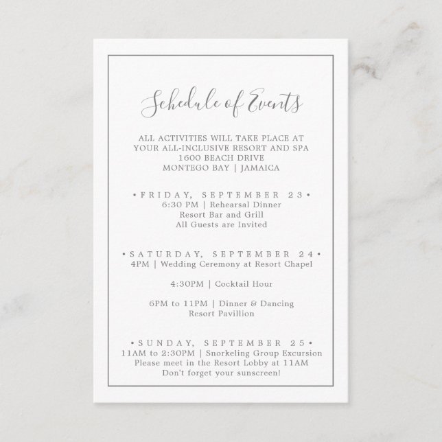 Minimal Silver Wedding Weekend Schedule of Events Enclosure Card (Front)