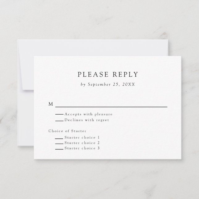 Minimal Simple Black & White RSVP Appetizer Choice Card (Front)