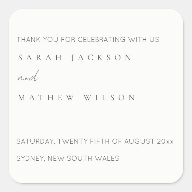 Minimal Simple Black & White Typography Wedding Square Sticker (Front)