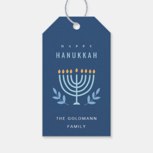Minimal Simple Blue Menorah Candles Happy Hanukkah Gift Tags