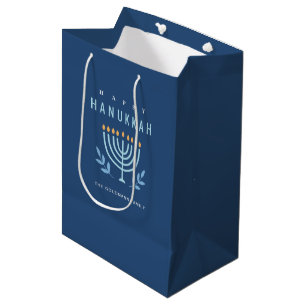 Minimal Simple Blue Menorah Candles Happy Hanukkah Medium Gift Bag