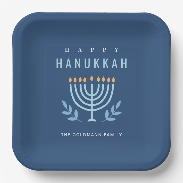 Minimal Simple Blue Menorah Candles Happy Hanukkah Paper Plate (Front)