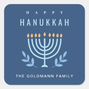 Minimal Simple Blue Menorah Candles Happy Hanukkah Square Sticker