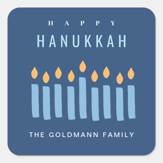 Minimal Simple Blue Yellow Candles Happy Hanukkah Square Sticker (Front)