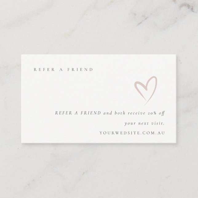 Minimal Simple Blush Heart Refer a Friend Discount Business Card (Front)