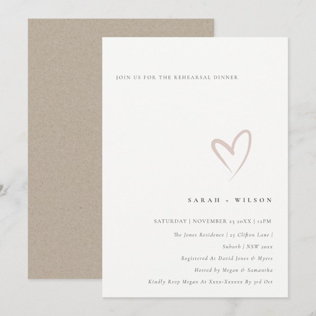 Minimal Simple Blush Heart Rehearsal Dinner Invite (Front/Back)