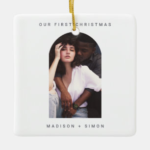 Minimal Simple Boho Arc Merry and Married Photo Ceramic Ornament