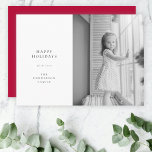 Minimal Simple Christmas Black and White Photo Red Holiday Card<br><div class="desc">A stylish minimal photo holiday card with classic typography "Happy Holidays" in black on a clean simple minimalist white background and a rich red feature color on the reverse. The photo, holiday greeting and name can be easily customized for a personal touch. A simple, minimalist and contemporary christmas design to...</div>
