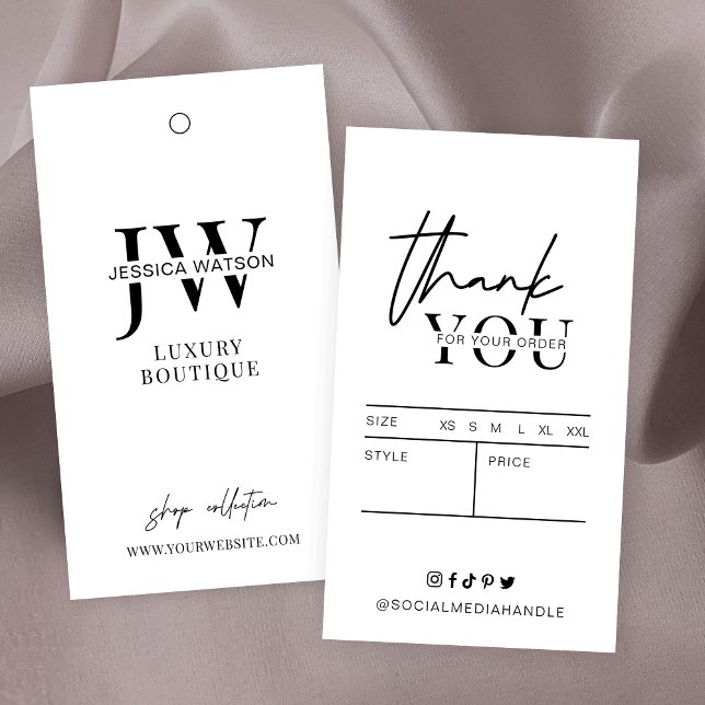 Minimal Simple Clothing Price Labels Logo Hang Tag (Fully editable clothing tag design with a thank you note and sizing chart on the back)