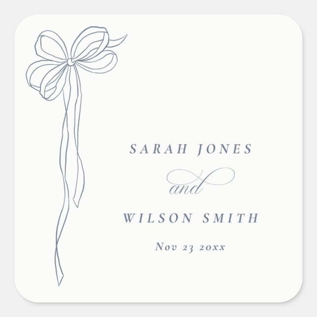 Minimal Simple Dusky Blue Coquette Bow Wedding Square Sticker (Front)