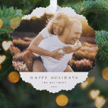 Minimal Simple Elegant Christmas Couple Photo Ornament Card<br><div class="desc">A stylish holiday photo ornament with classic typography “Happy Holidays” in black on a clean simple minimalist white background. The photo, name and greeting can be easily customized for a personal touch. A simple, minimalist and contemporary christmas design to stand out this holiday season! The image shown is for illustration...</div>