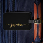 Minimal Simple Girly Black Gold Calligraphy Script Luggage Tag<br><div class="desc">Girly Feminine Minimalist Simple Clean Black and Gold Monogram Name Signature Script Custom Personalized Luggage Bag Tag. This design featuring your first name in a pretty hand lettered style swash tail font signature typography (or calligraphy) in gold on black background. These are easy to customize it. Stylish feminine gift for...</div>