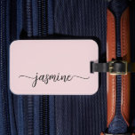 Minimal Simple Girly Blush Pink Calligraphy Script Luggage Tag<br><div class="desc">Girly Feminine Minimalist Simple Clean Blush Pink Monogram Name Signature Script Custom Personalized Luggage Bag Tag. This design featuring your first name in a pretty hand lettered style swash tail font signature typography (or calligraphy) on dusty pink or light pastel blush pink background. These are easy to customize it. Stylish...</div>