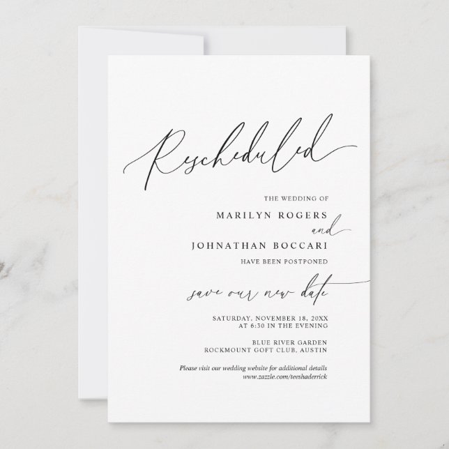 Minimal Simple, invitation de mariage reprogrammée (Devant)