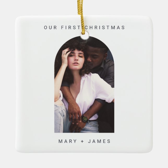 Minimal Simple Merry and Married Photo Ceramic Ornament (Front)