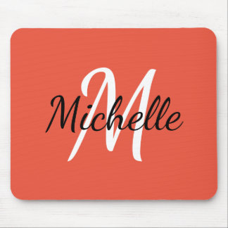 Minimal Simple Monogram Initial Name Coral & White Mouse Pad