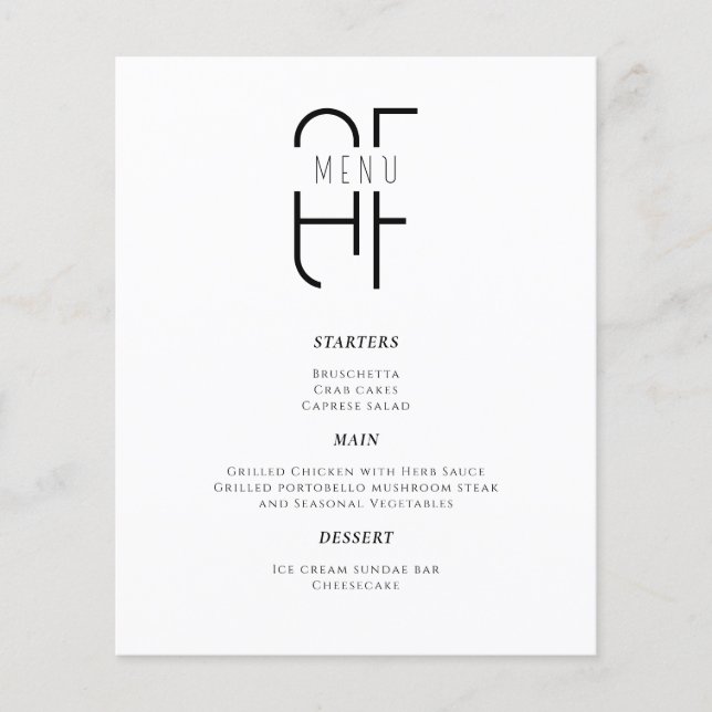 Minimal simple monogram modern white Dinner Menu (Front)