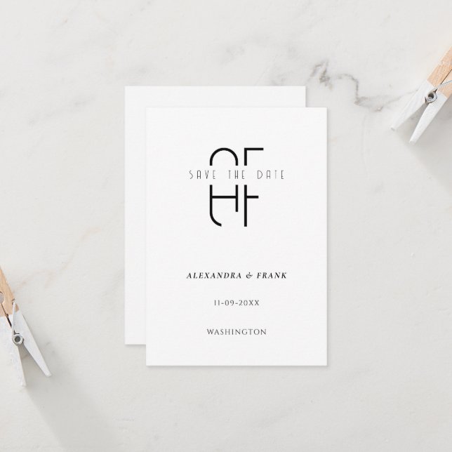 Minimal simple monogram modern white save the date (Front/Back In Situ)