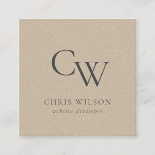 Minimal Simple Rustic Kraft Monogram Initial Square Business Card