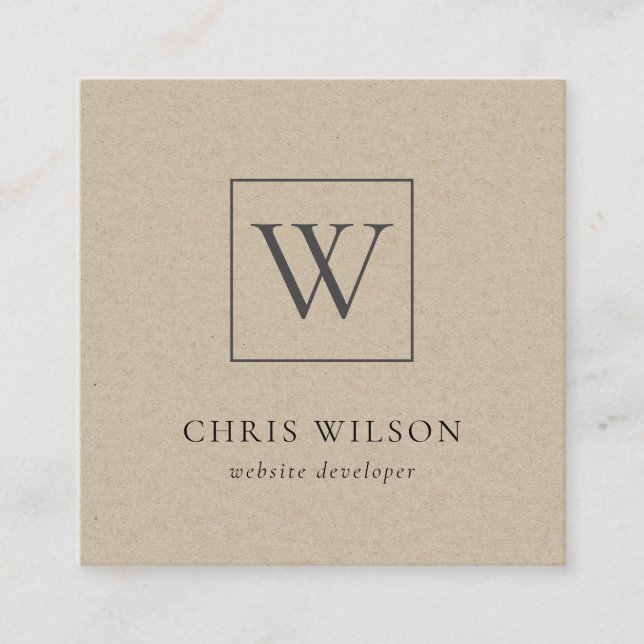 Minimal Simple Rustic Kraft Monogram Initial Square Business Card (Front)
