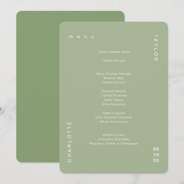 Minimal Simple Sage Green Wedding Dinner Menu (Front/Back)