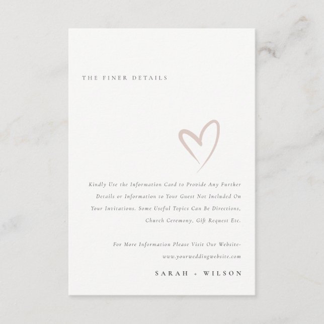 Minimal Simple Script Blush Heart Wedding Details Enclosure Card (Front)
