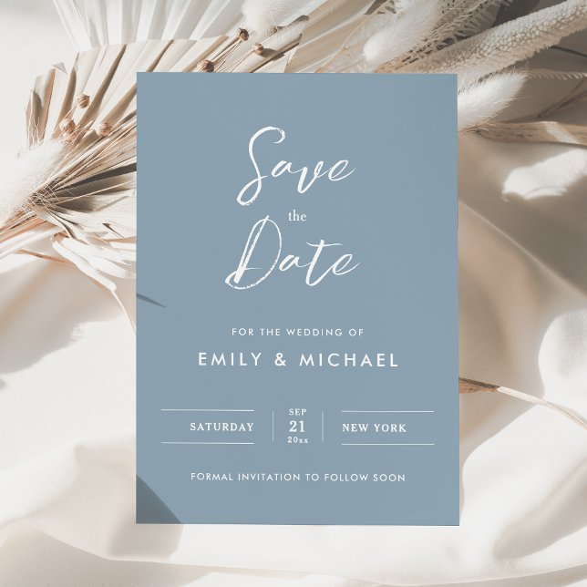 Minimal Simple Script Elegant Dusty Blue Wedding Save The Date (Minimalist simple dusty blue with white calligraphy - elegant and tasteful for your special day)