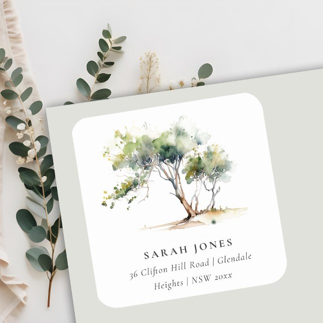 Minimal Simple Watercolor Botanical Tree Address Square Sticker (Creator Uploaded)