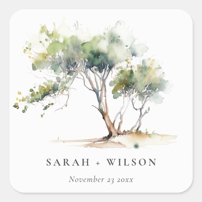 Minimal Simple Watercolor Botanical Tree Wedding Square Sticker (Front)