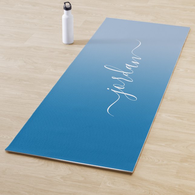 Minimal Sky Blue Gradient White Script Name Yoga Mat (In Situ)