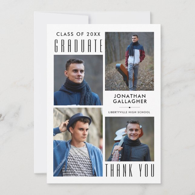 Minimal Sleek Graduate THANK YOU Five Photos Black Card (Front)