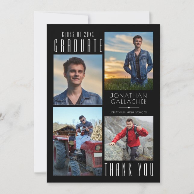 Minimal Sleek GRADUATE THANK YOU Four Photos Black Card (Front)