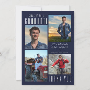 Minimal Sleek GRADUATE THANK YOU Four Photos Navy Card