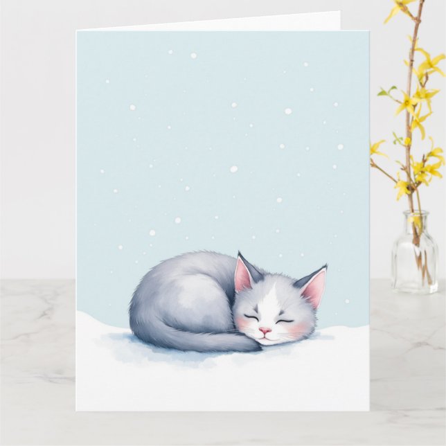 Minimal Sleeping Kitten Winter Christmas Card (Yellow Flower)