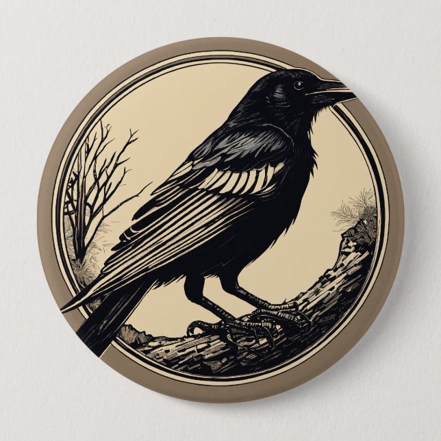 minimal small linocut of a crow, black and white 4 inch round button (Front)