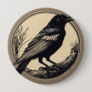 minimal small linocut of a crow, black and white 4 inch round button
